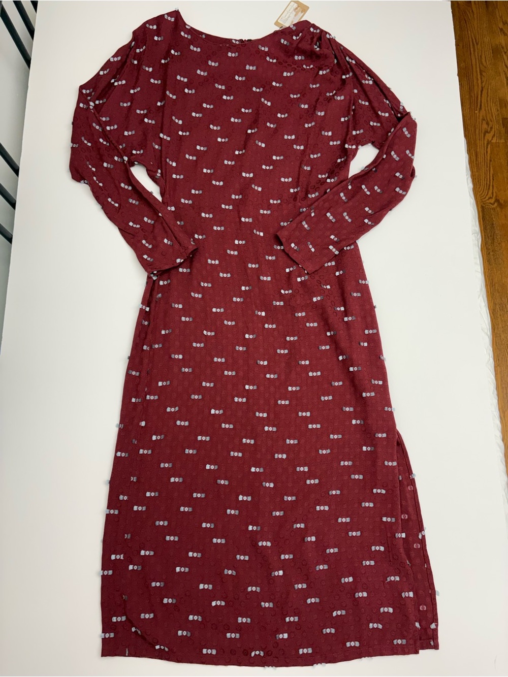 Rachel Comey Burgundy Long Sleeve Midi Dress with Micro Dot Pattern